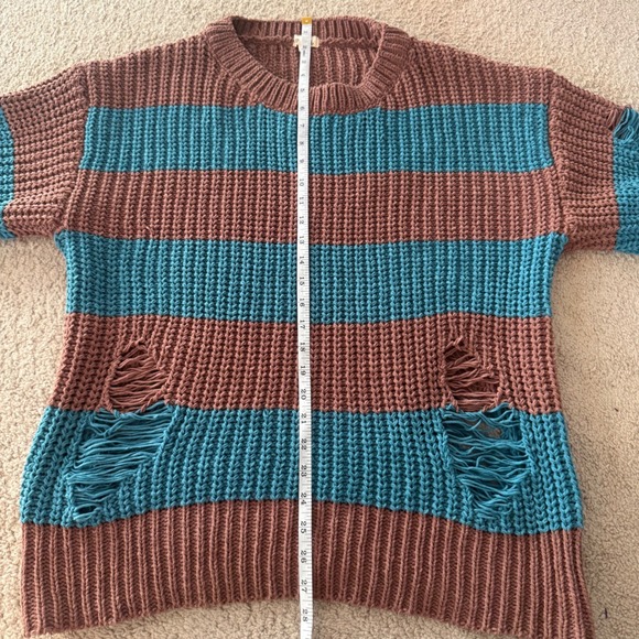 POL Distressed Striped Oversized Chunky Knit Sweater Brown Teal Womens S - Picture 6 of 8